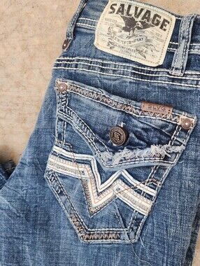 Salvage Mens Havoc Straight Slim Fit, Blue Distressed Denim Jeans, Sz 30x30